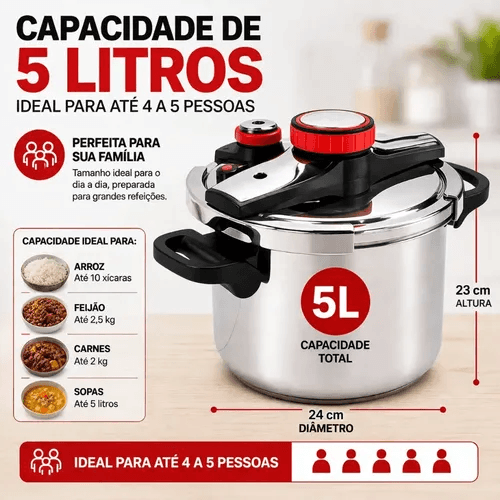 Panela De Pressão Indução E Gás De Aço Inoxidável 5 Litros
